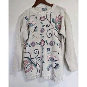 VTG Gina Peters Sweater Womens M Crochet Heritage Floral Cottagecore Grandma